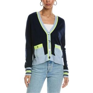 Brodie Cashmere Varsity Pop Cardigan Sweater V-Neck Boxy Button Ribbed Trim Cozy
